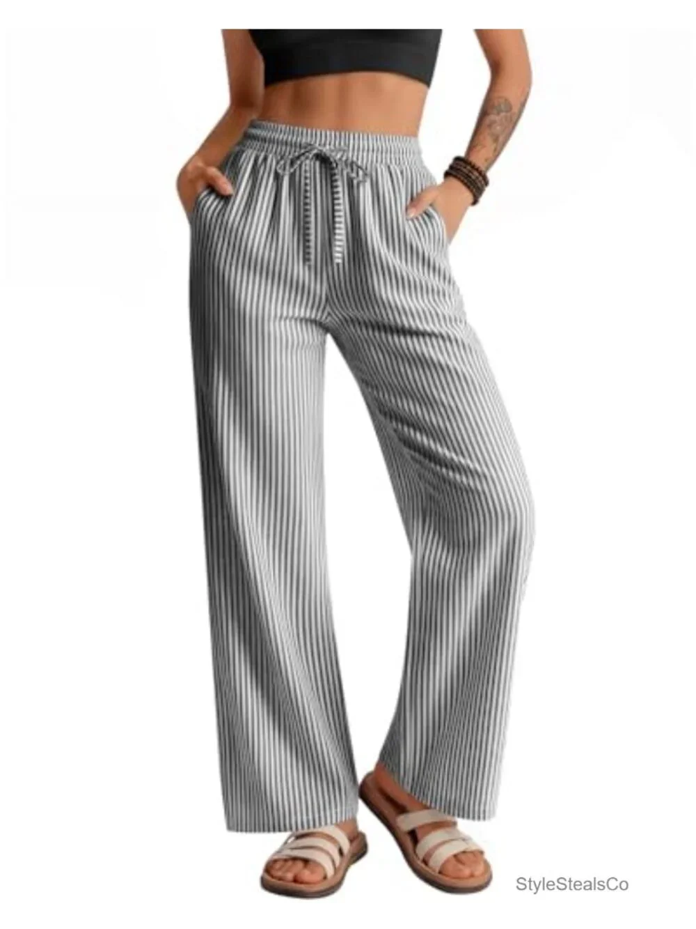 Cotton Gingham Pajama Lounge Pants - Drawstring Wide Leg with Pockets